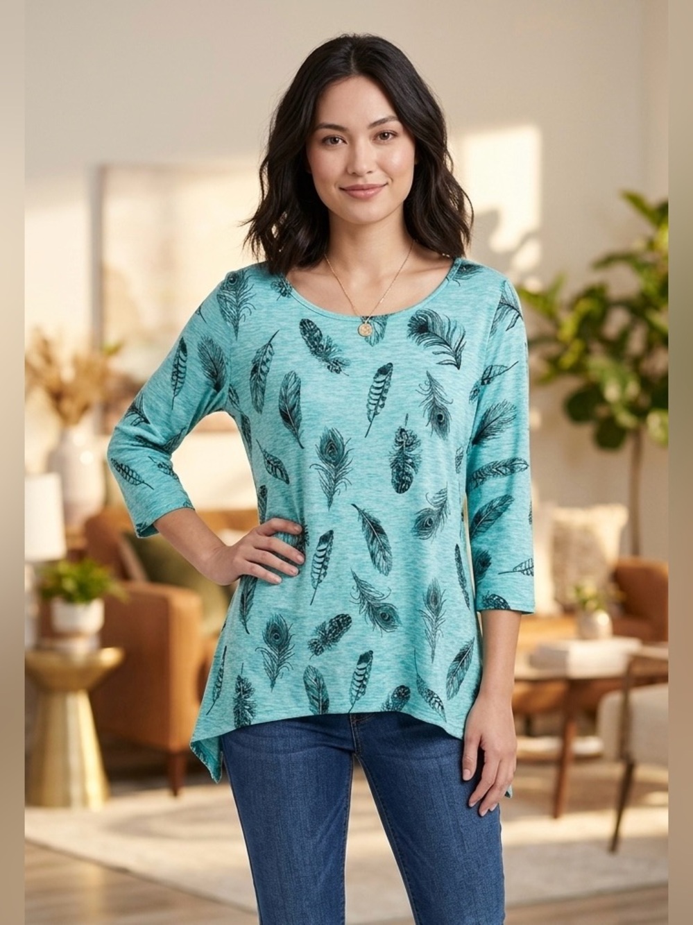 Coco’s CloZet Teal Feather Print Blouse (M)